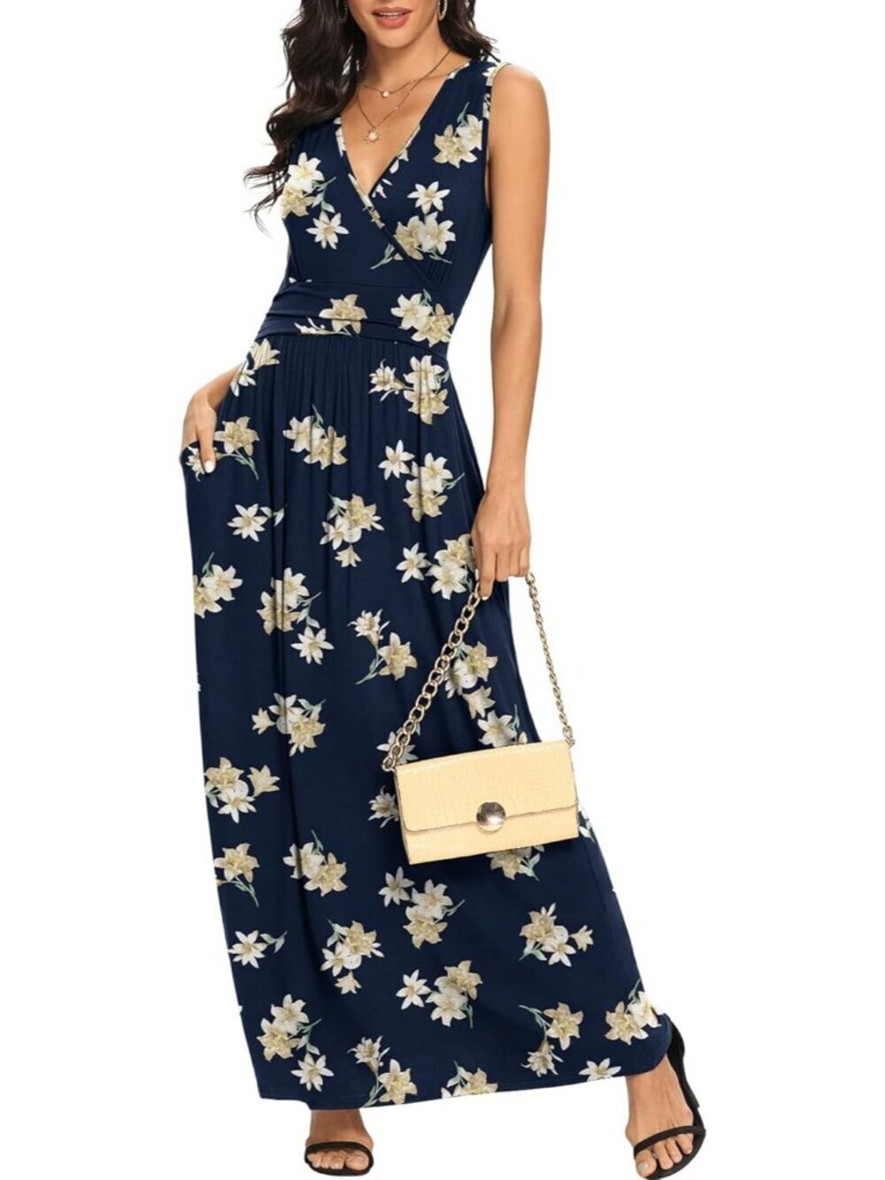 Lilbetter Women's Navy Blue Lily Sleeveless Deep Loose Plain Maxi Casual Dress